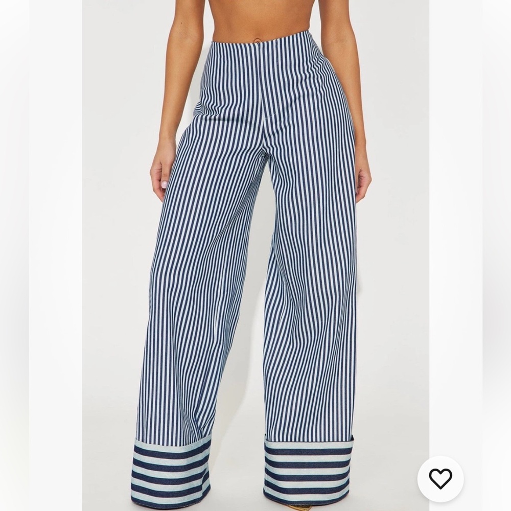 NWT Fashion Nova Jameson Navy Striped Mid Rise Wide Leg Pant Size M